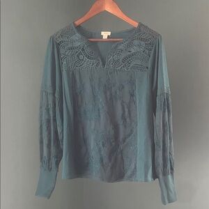 Tiny Teal Lace Yoke Embroidered Long Sleeve Blouse